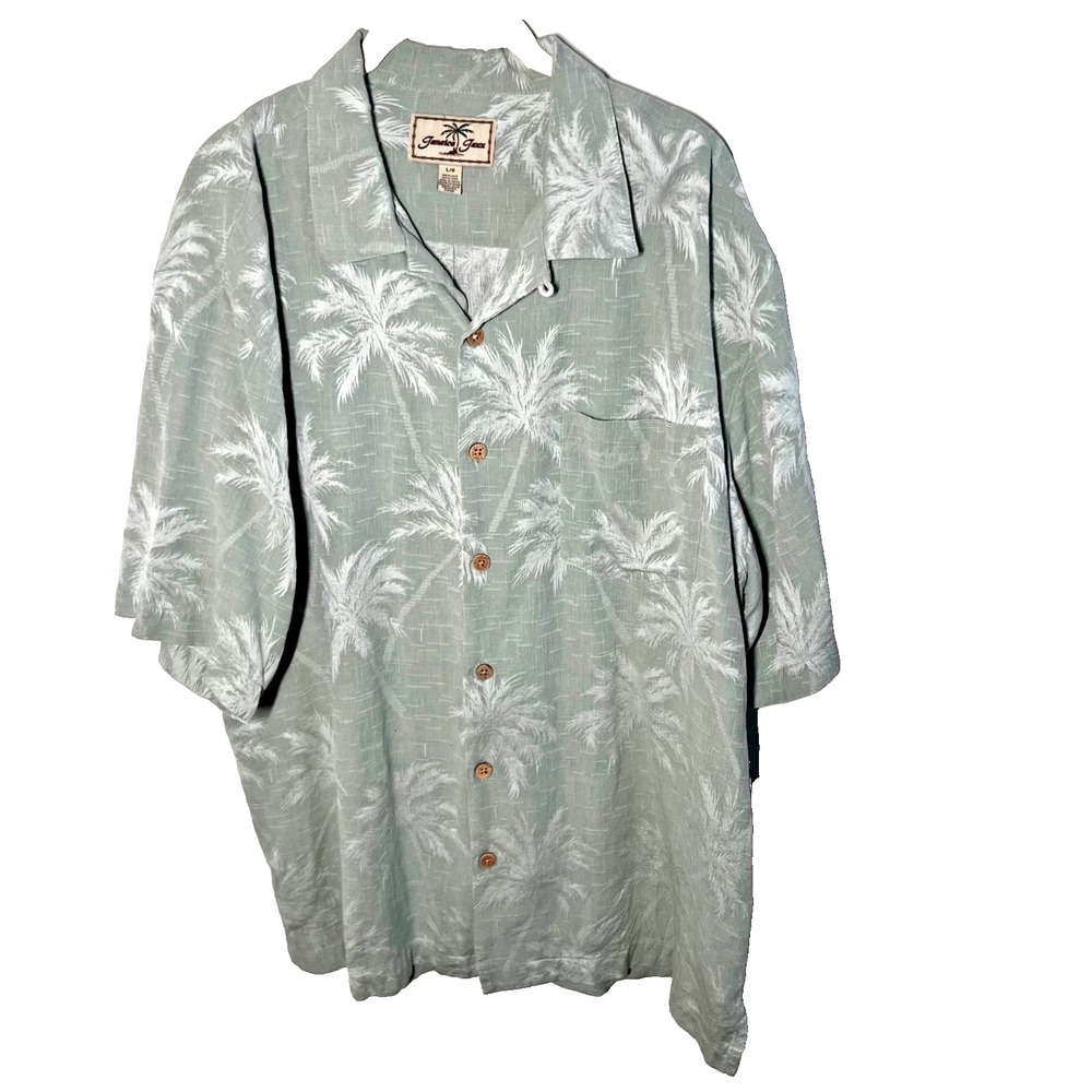 Jamaica‎ Jaxx Green Sage 100% Silk Hawaiian Palm Trees Camp  Shirt Size Large L